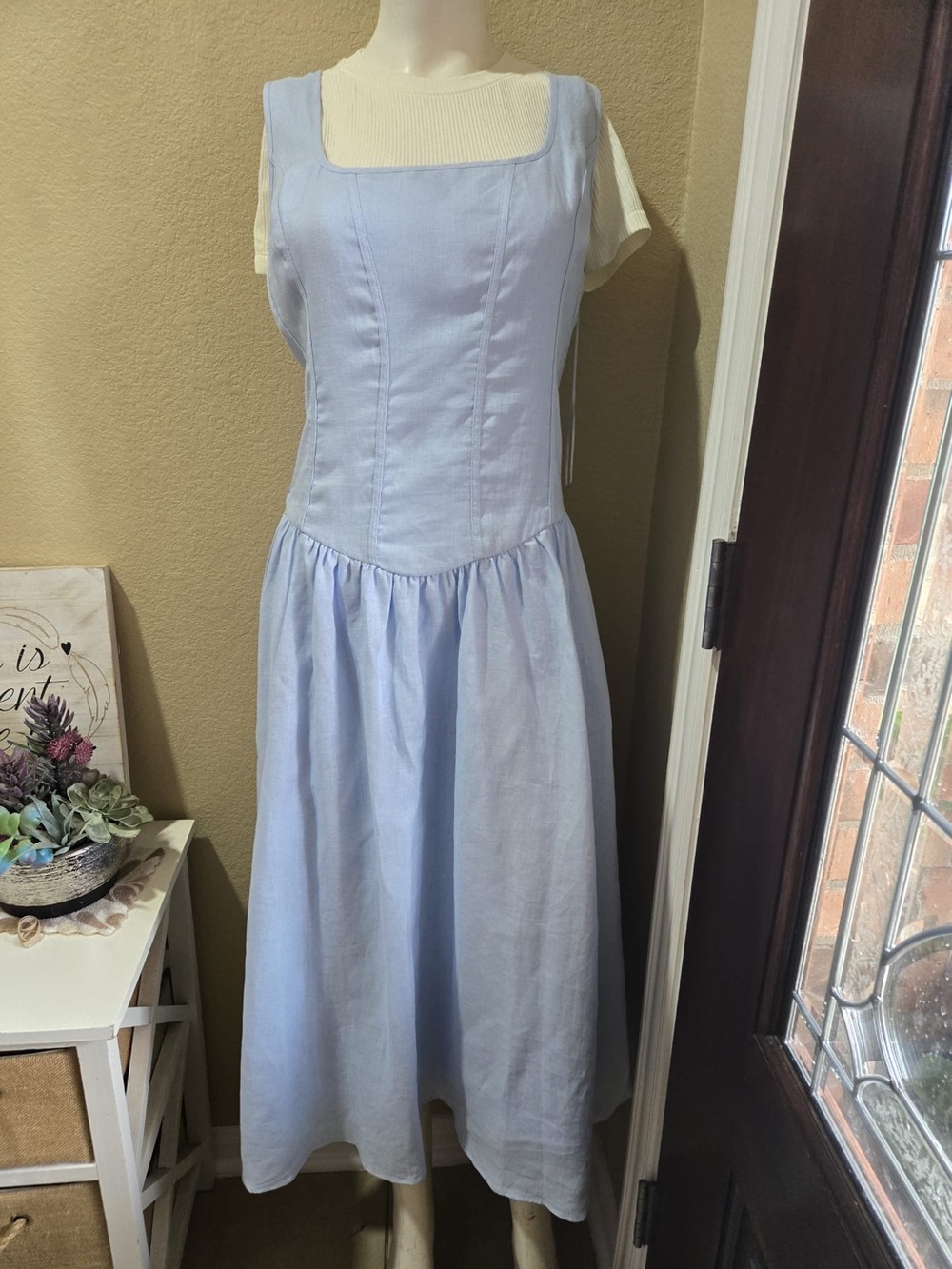 Astr Light Blue Linen Square Neck Midi Dress